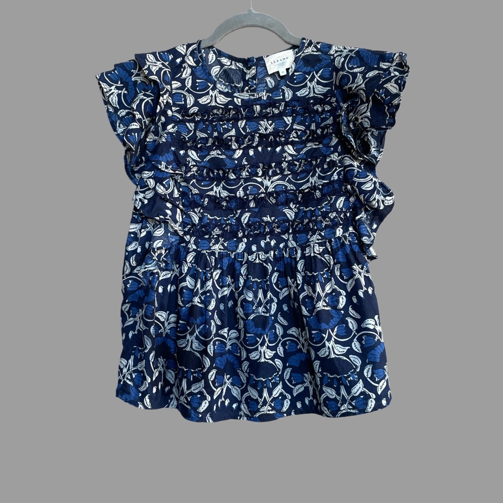 SEZANE Blue Floral Printed Textured Cotton Ruffle Flutter Sleeve Cottagecore Top
